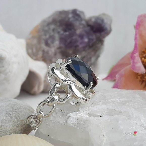 Cocktail Ring, Jet Black Facetted Stone, Silver Stamped 925 - Picture 4 of 6